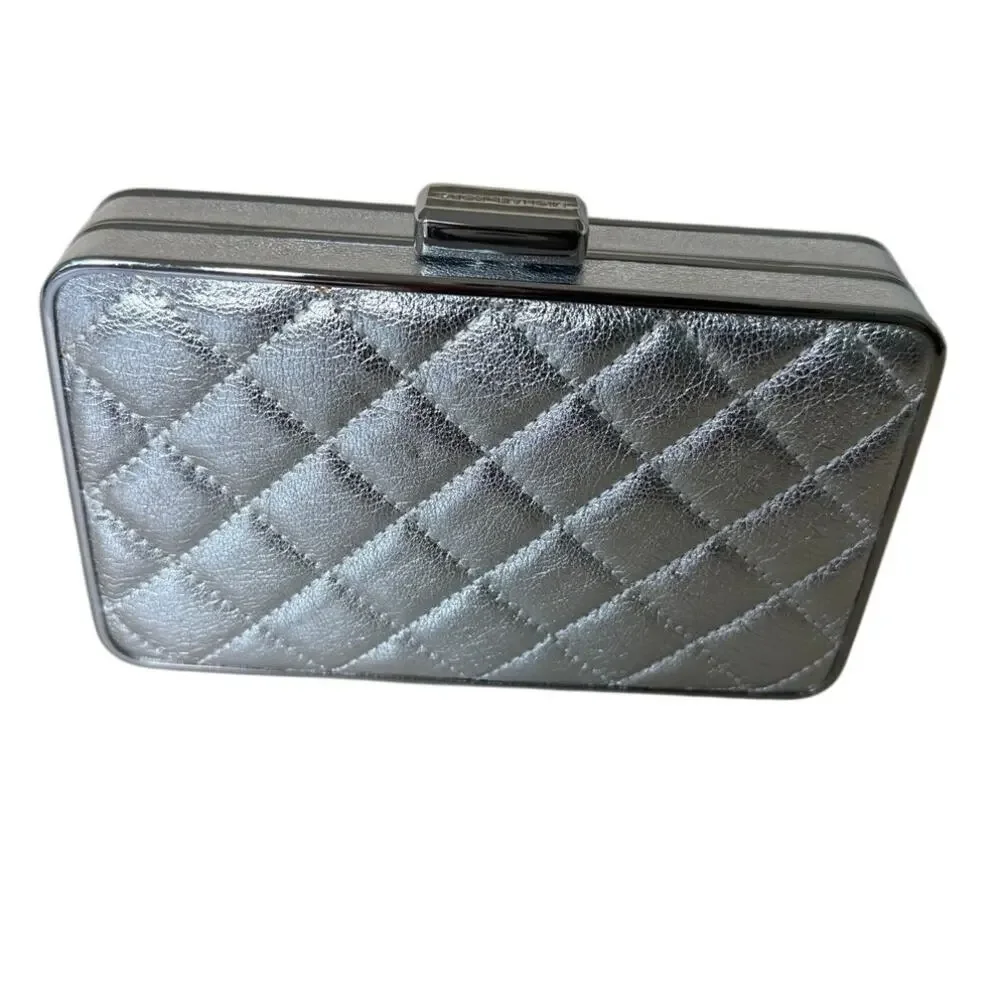 Michael Kors Elsie Silver Quilted Leather Box Clutch Chain Bag